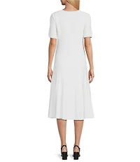 MISOOK Placement Floral Print Scallop Trim Textured Knit Scoop Neck Short Sleeve A-Line Midi Dress