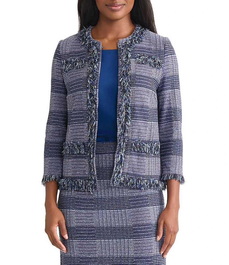 MISOOK Plaid Knit Crew Neck Bracelet Sleeve Fringe Trim Jacket