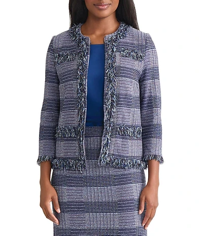 MISOOK Plaid Knit Crew Neck Bracelet Sleeve Fringe Trim Jacket