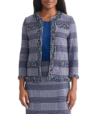MISOOK Plaid Knit Crew Neck Bracelet Sleeve Fringe Trim Jacket