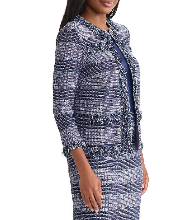 MISOOK Plaid Knit Crew Neck Bracelet Sleeve Fringe Trim Jacket