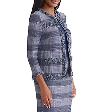 MISOOK Plaid Knit Crew Neck Bracelet Sleeve Fringe Trim Jacket