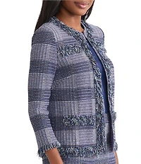 MISOOK Plaid Knit Crew Neck Bracelet Sleeve Fringe Trim Jacket