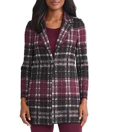 MISOOK Plaid Knit Notch Lapel Bracelet Sleeve Jacket