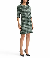 MISOOK Plaid Knit Round Neck Elbow Sleeve Button Front Sheath Dress