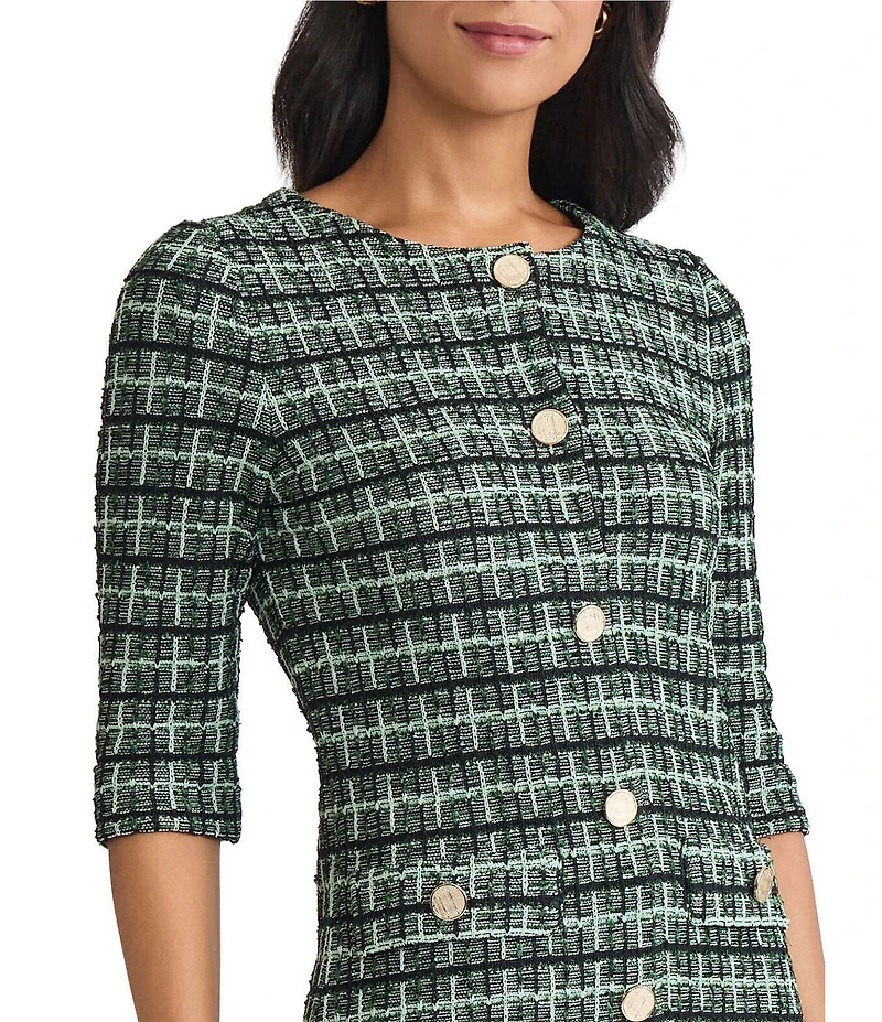 MISOOK Plaid Knit Round Neck Elbow Sleeve Button Front Sheath Dress