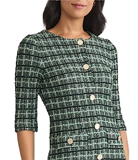 MISOOK Plaid Knit Round Neck Elbow Sleeve Button Front Sheath Dress