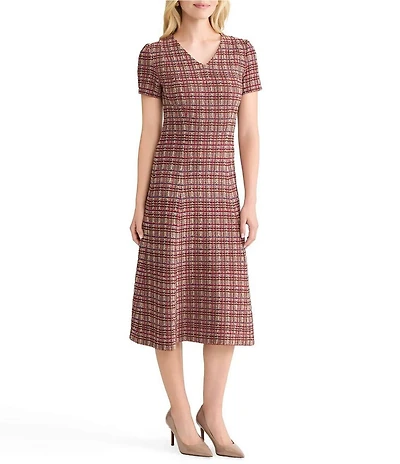 MISOOK Plaid Multi-Stitch Knit V-Neck Short Sleeve A-Line Midi Dress