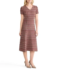 MISOOK Plaid Multi-Stitch Knit V-Neck Short Sleeve A-Line Midi Dress