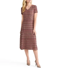 MISOOK Plaid Multi-Stitch Knit V-Neck Short Sleeve A-Line Midi Dress