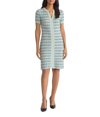 MISOOK Plaid Texture Knit Split V-Neck Short Sleeve Sheath Dress