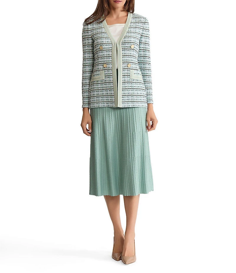 MISOOK Plaid Texture Knit V-Neck Long Sleeve Tailored Jacket