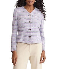 MISOOK Plaid Tweed Knit V-Neck Long Sleeve Button Front Jacket