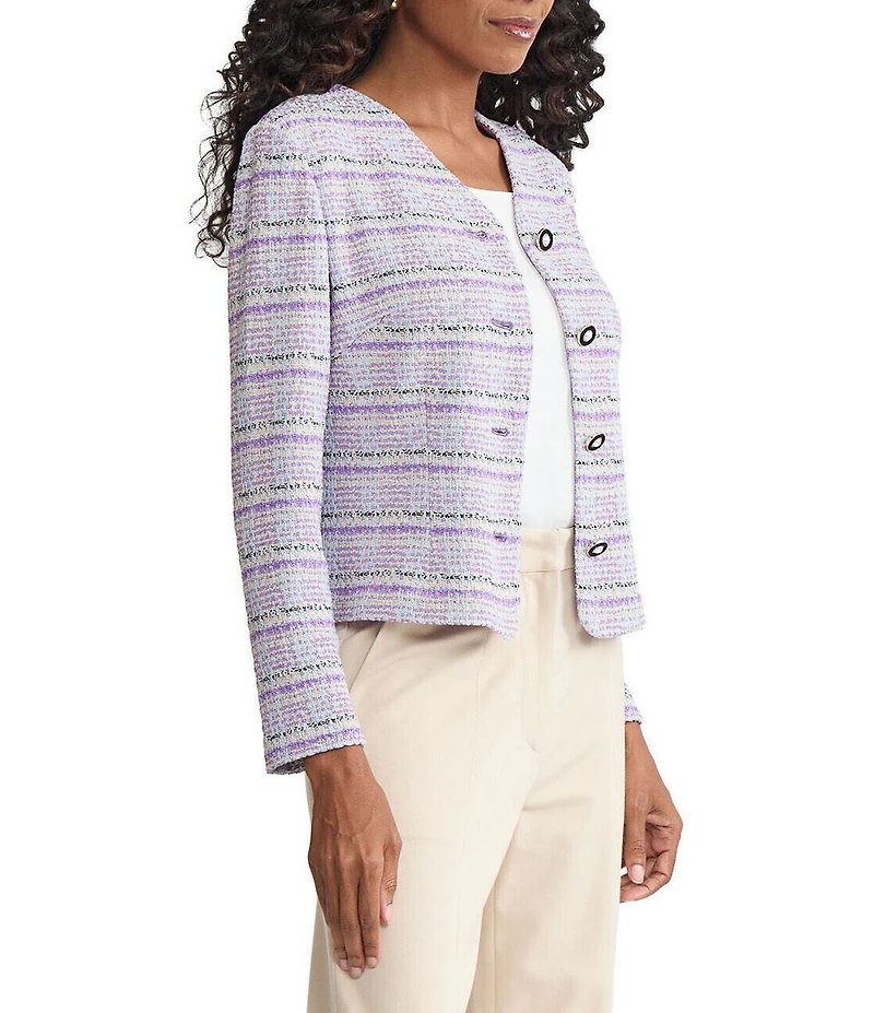 MISOOK Plaid Tweed Knit V-Neck Long Sleeve Button Front Jacket