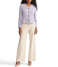 MISOOK Plaid Tweed Knit V-Neck Long Sleeve Button Front Jacket