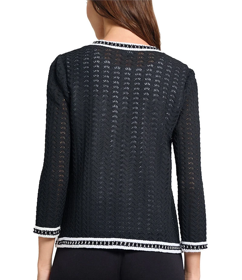 MISOOK Pointelle Open Knit Chain Trim Round Neck Bracelet Sleeve Jacket