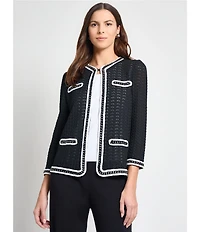 MISOOK Pointelle Open Knit Chain Trim Round Neck Bracelet Sleeve Jacket