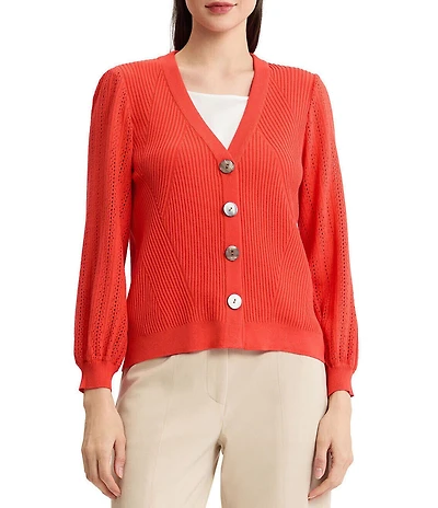 MISOOK Pointelle Ribbed Soft Knit V-Neck Long Sleeve Cardigan