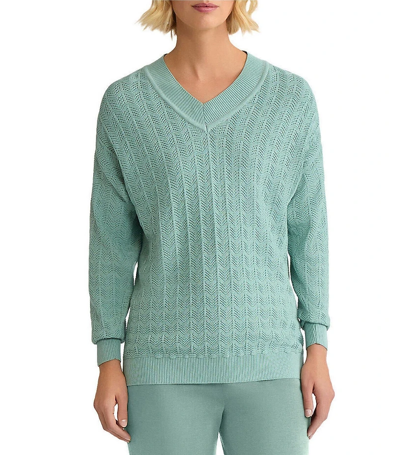 MISOOK Pointelle Soft Ribbed Knit V-Neck Long Sleeve Sweater