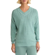 MISOOK Pointelle Soft Ribbed Knit V-Neck Long Sleeve Sweater