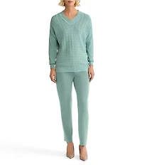 MISOOK Pointelle Soft Ribbed Knit V-Neck Long Sleeve Sweater