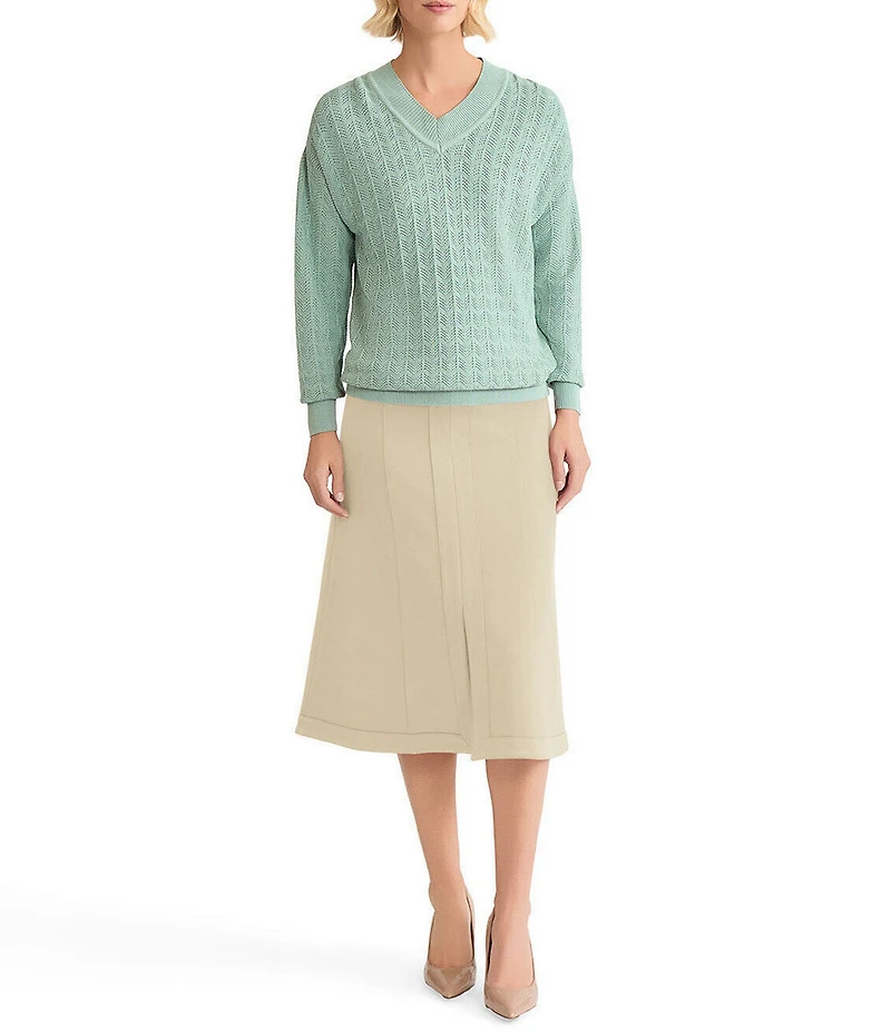 MISOOK Pointelle Soft Ribbed Knit V-Neck Long Sleeve Sweater