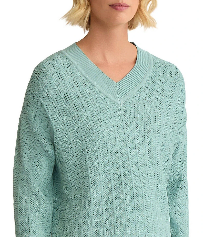 MISOOK Pointelle Soft Ribbed Knit V-Neck Long Sleeve Sweater