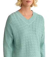 MISOOK Pointelle Soft Ribbed Knit V-Neck Long Sleeve Sweater