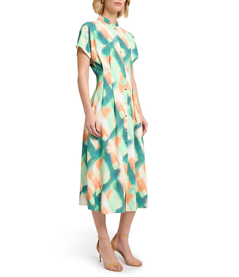 MISOOK Printed Crepe De Chine Mandarin Collar Short Sleeve Fit And Flare Midi Dress