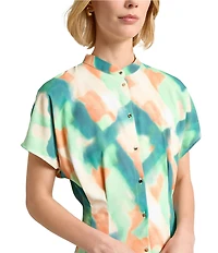 MISOOK Printed Crepe De Chine Mandarin Collar Short Sleeve Fit And Flare Midi Dress