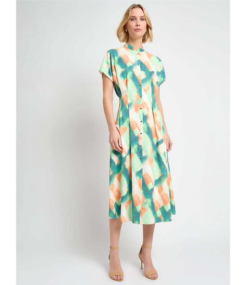 MISOOK Printed Crepe De Chine Mandarin Collar Short Sleeve Fit And Flare Midi Dress