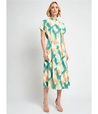 MISOOK Printed Crepe De Chine Mandarin Collar Short Sleeve Fit And Flare Midi Dress