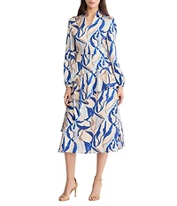 MISOOK Printed Crepe Modified Mandarin V-Neck Long Sleeve Ruffle Midi Dress