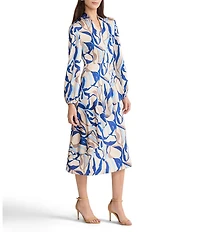 MISOOK Printed Crepe Modified Mandarin V-Neck Long Sleeve Ruffle Midi Dress