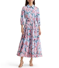 MISOOK Printed Floral Crepe Point Collar 3/4 Puff Sleeve Tiered Dress