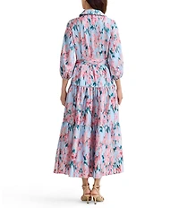 MISOOK Printed Floral Crepe Point Collar 3/4 Puff Sleeve Tiered Dress
