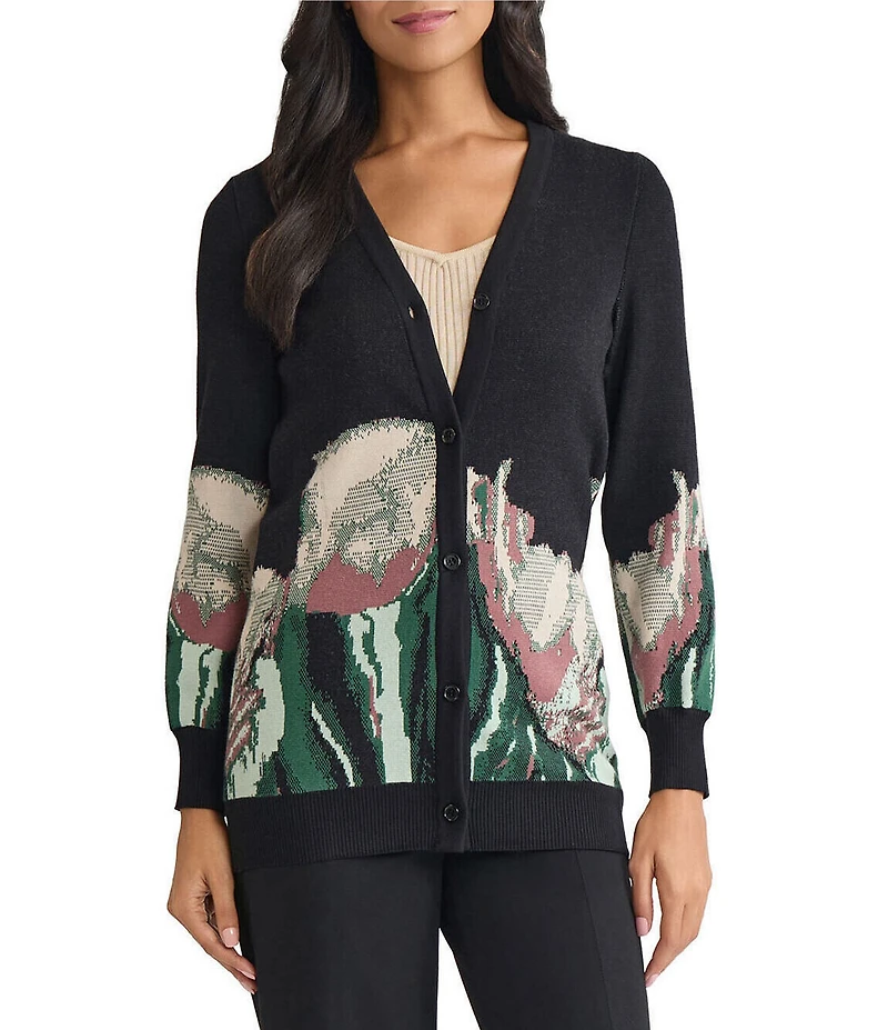 MISOOK Relaxed Floral Jacquard Knit V-Neck Cardigan