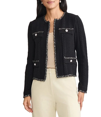 MISOOK Ribbed Knit Crew Neck Long Sleeve Eyelash Trim Jacket