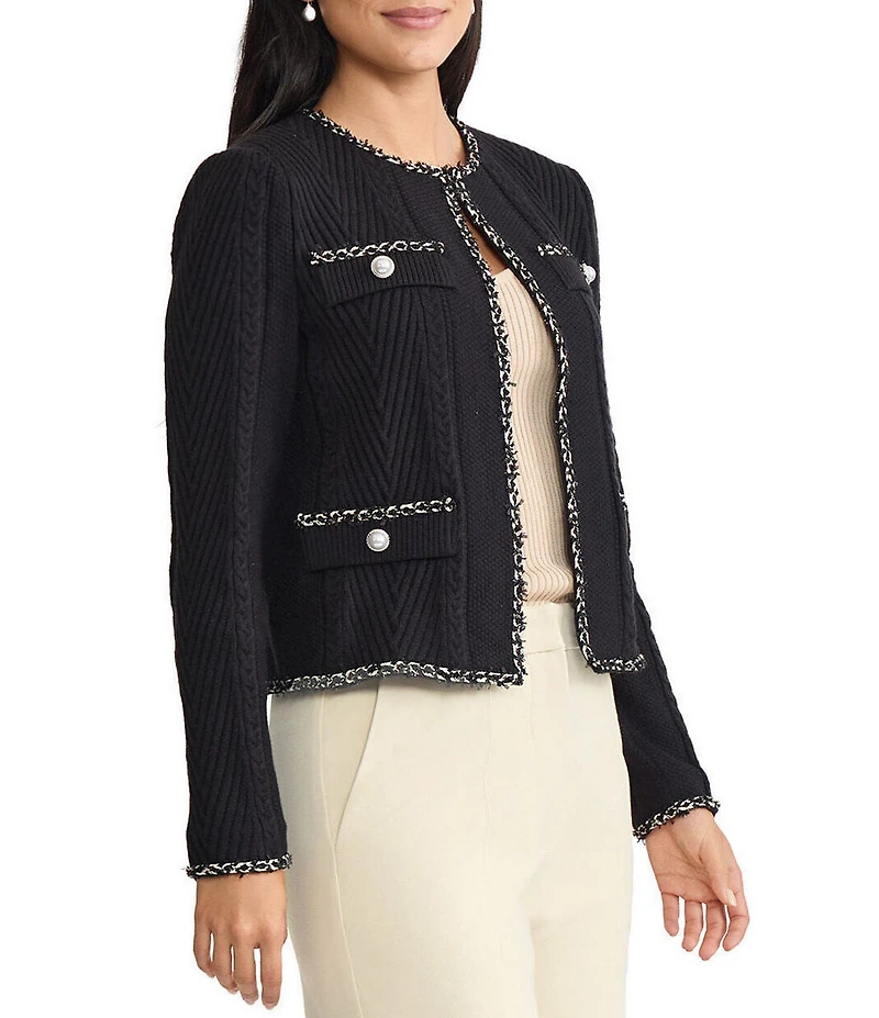 MISOOK Ribbed Knit Crew Neck Long Sleeve Eyelash Trim Jacket