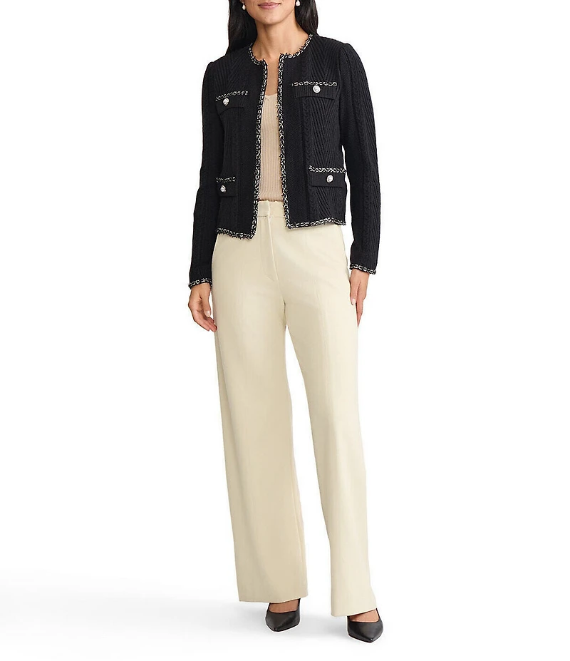 MISOOK Ribbed Knit Crew Neck Long Sleeve Eyelash Trim Jacket