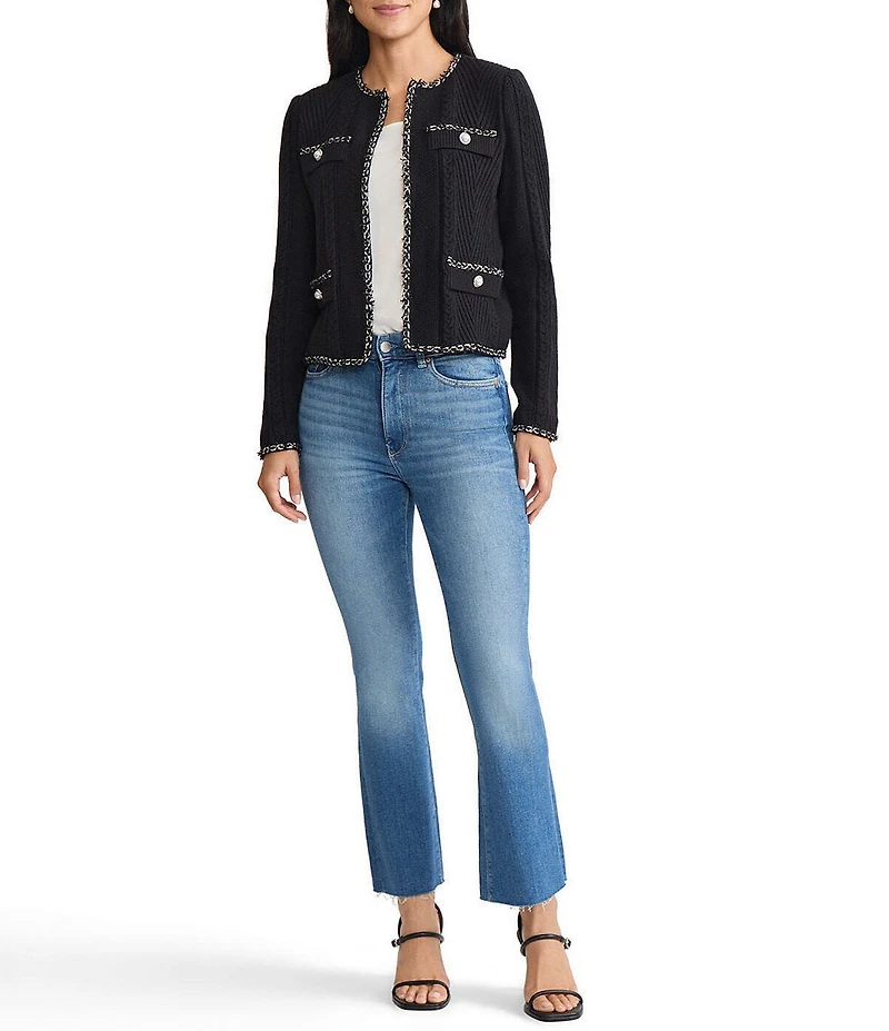 MISOOK Ribbed Knit Crew Neck Long Sleeve Eyelash Trim Jacket