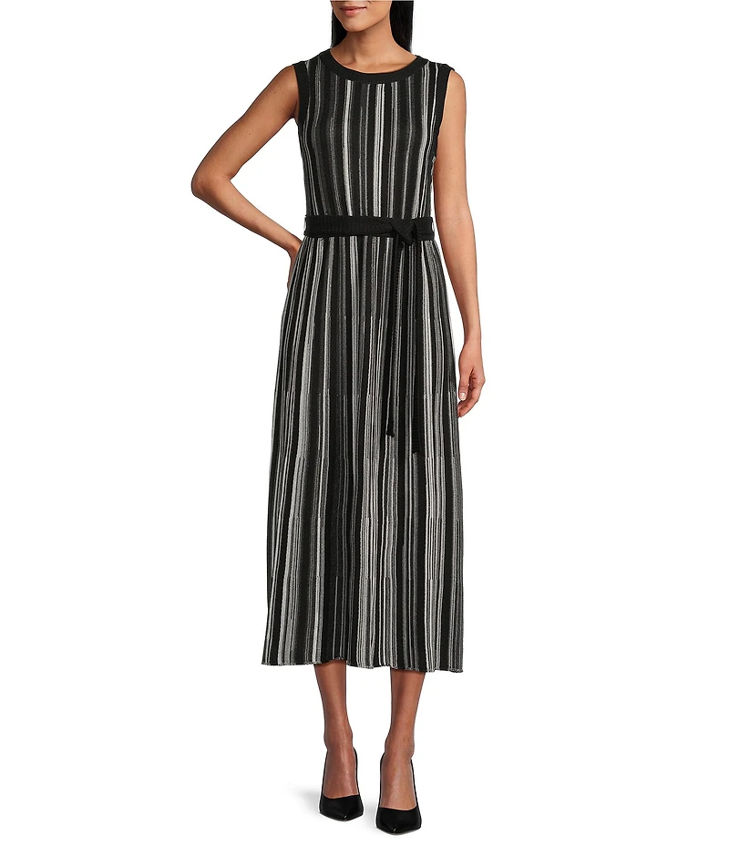 MISOOK Ribbed Knit Crew Neck Sleeveless Belted Midi Dress