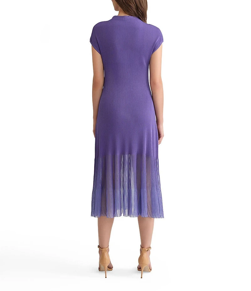MISOOK Ribbed Knit Funnel Neck Cap Sleeve Sheer Hem Midi Dress
