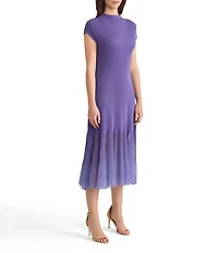 MISOOK Ribbed Knit Funnel Neck Cap Sleeve Sheer Hem Midi Dress