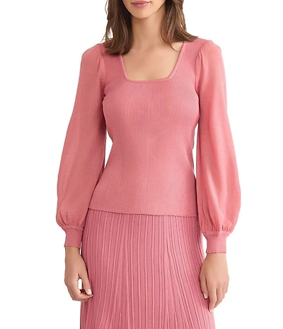 MISOOK Ribbed Knit Square Neck Balloon Sleeve Top
