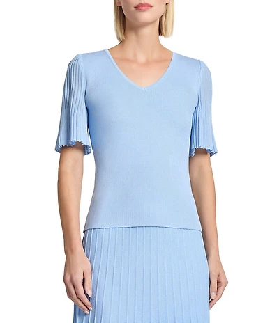 MISOOK Ribbed Knit V-Neck Short Flutter Sleeve Tunic