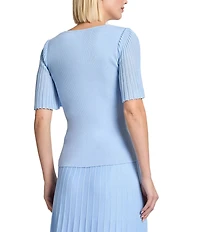 MISOOK Ribbed Knit V-Neck Short Flutter Sleeve Tunic