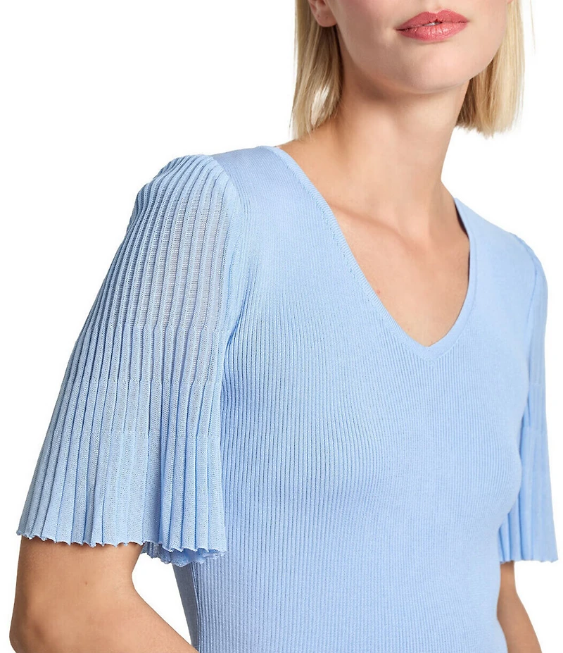 MISOOK Ribbed Knit V-Neck Short Flutter Sleeve Tunic