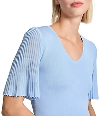 MISOOK Ribbed Knit V-Neck Short Flutter Sleeve Tunic