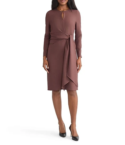 MISOOK Round Keyhole Neck Long Sleeve Tie Waist Shift Dress